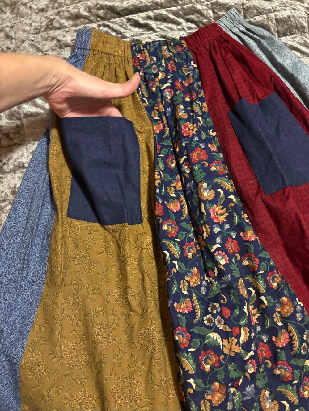New Handmade Patchwork Maxi Skirt in Mustard, Navy & Red 13↔️30↕️ #1377 - Picture 2 of 7